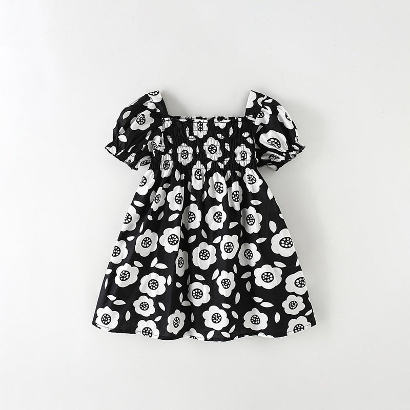 Summer Baby Kids Girls Short Sleeves Flowers Pattern Square Neck Dress