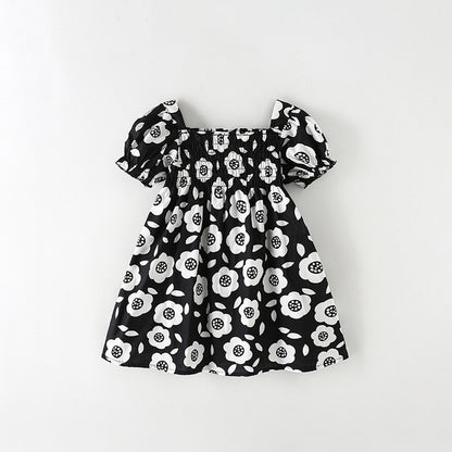 Summer Baby Kids Girls Short Sleeves Flowers Pattern Square Neck Dress