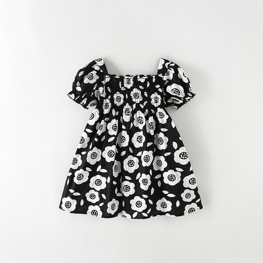 Summer Baby Kids Girls Short Sleeves Flowers Pattern Square Neck Dress