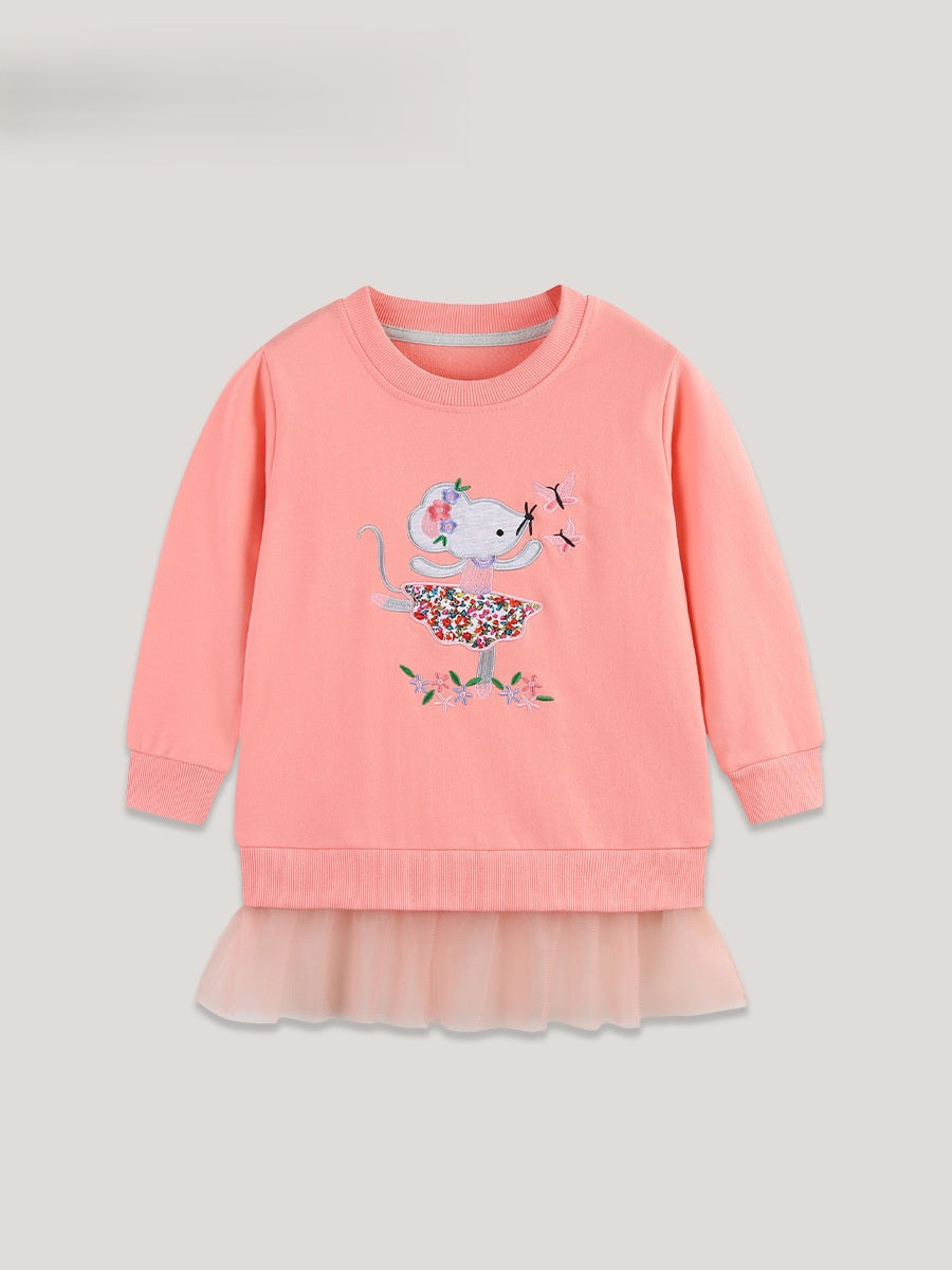 Autumn and Spring Arrival Embroidered Pattern Long Sleeves Pullover with Tulle Decoration for Stylish Girls