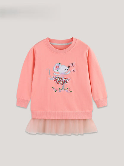 Autumn and Spring Arrival Embroidered Pattern Long Sleeves Pullover with Tulle Decoration for Stylish Girls