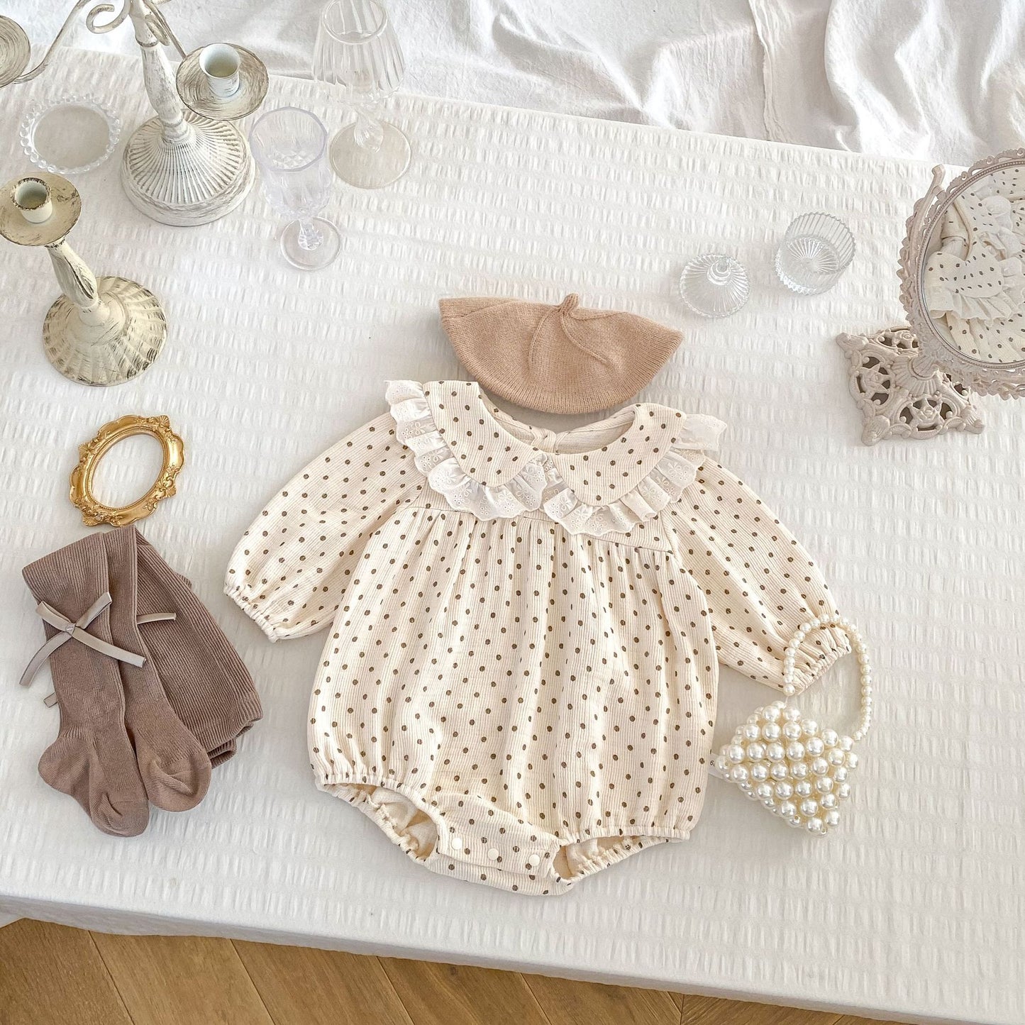 Spring Arrival Baby Girls Long Sleeves Lace Trim Turn-down Collar Onesies Bodysuits, MyKids-USA®, Baby One-Pieces, MyKids-USA - Size/Age - 66 (3-6M) - Color - Apricot -  -  - TR2501112231