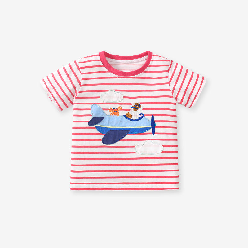 Crew Neck Flying Jet Cartoon Girls’ Striped T-Shirt In European And American Style For Summer