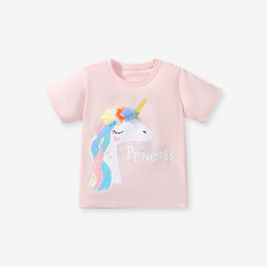Girls’ Princess Unicorn Cartoon Print Short Sleeves T-Shirt In European And American Style For Summer