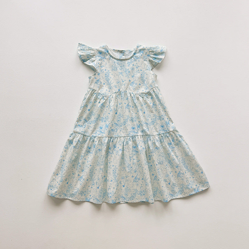 Summer Arrival Baby Girls Fly Sleeves Flowers Pattern Dress, MyKids-USA®, Baby & Children's Dresses, MyKids-USA - Size/Age - 90 (12-24M) - Color - Blue -  -  - TR2604142322-A.