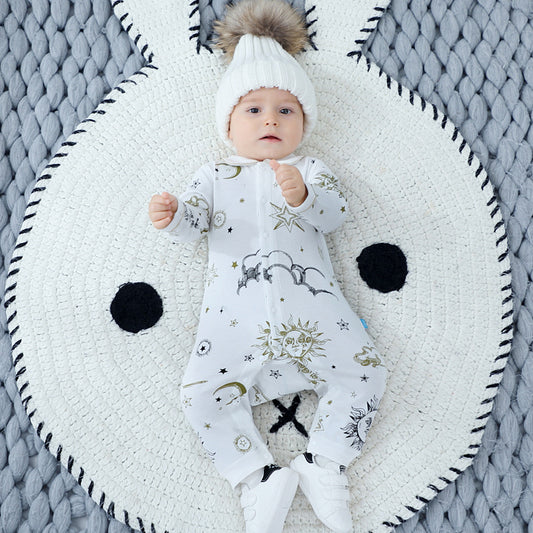 Spring/Autumn Hot Selling Baby Suns Moons Stars Print Single Breasted Full Button Front Design Organic Cotton Jumpsuit
