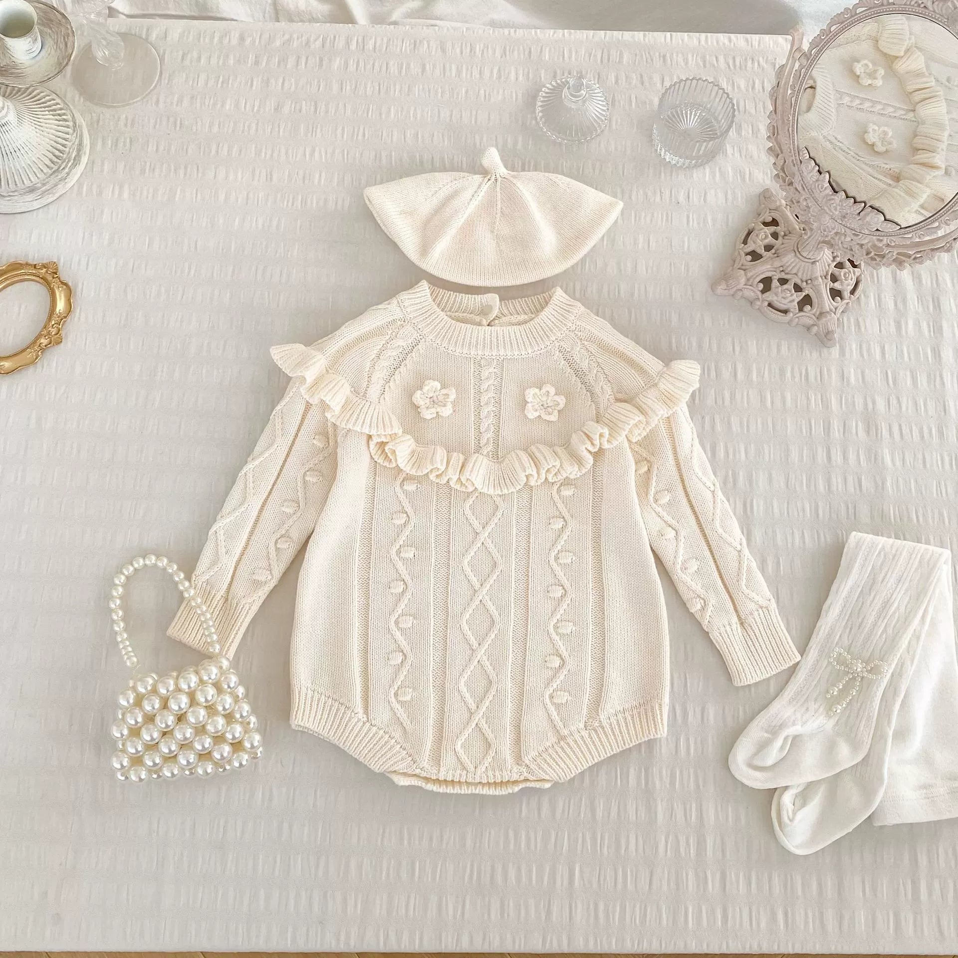 Autumn Arrival Baby Girls Knitted Long Sleeves Geometric Jacquard Pattern Onesies, MyKids-USA®, Baby One-Pieces, MyKids-USA - Size/Age - 66 (3-6M) - Color - Beige -  -  - TR2508191938-A