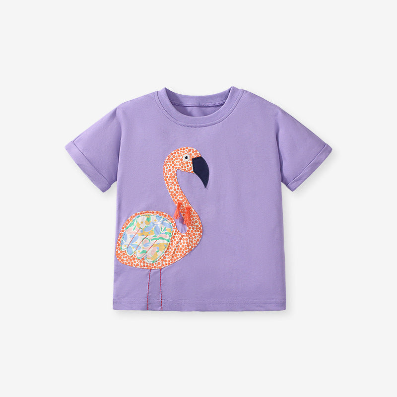 Girls’ Flamingo Cartoon Pattern Short Sleeves T-Shirt In European And American Style For Summer