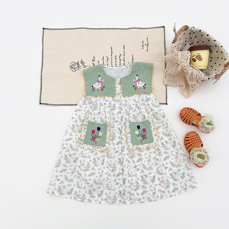Summer Baby Kids Girls Sleeveless Flowers and Animals Pattern Embroidered Dress, MyKids-USA®, Baby & Toddler Dresses, MyKids-USA - Size/Age - 90 (12-24M) - Color - Green -  -  - TR2505072106-A