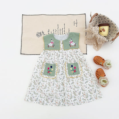 Summer Baby Kids Girls Sleeveless Flowers and Animals Pattern Embroidered Dress, MyKids-USA®, Baby & Toddler Dresses, MyKids-USA - Size/Age - 90 (12-24M) - Color - Green -  -  - TR2505072106-A