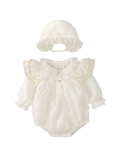 Autumn Arrival Solid Color Baby Girls Flowers Pattern Long Sleeves Onesies with Princess Collar and Hat, MyKids-USA®, Baby One-Pieces, MyKids-USA - Size/Age - 66 (3-6M) - Color - Beige -  -  - TR2408062252-A