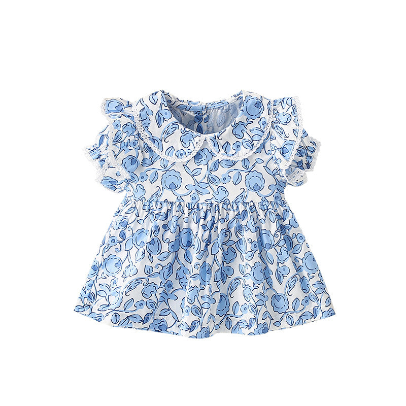 Summer Girls’ Flowers Pattern Printed Top in European and American Style, MyKids-USA®, Baby & Toddler Dresses, MyKids-USA - Size/Age - 100 (2-3Y) - Color - Blue -  -  - TR2505311946-A