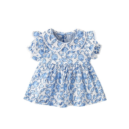 Summer Girls’ Flowers Pattern Printed Top in European and American Style, MyKids-USA®, Baby & Toddler Dresses, MyKids-USA - Size/Age - 100 (2-3Y) - Color - Blue -  -  - TR2505311946-A