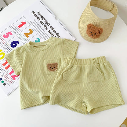 Summer Hot Selling Baby Kids Unisex Short Sleeves Crew Neck Top Shirt with Teddy Pattern and Shorts Clothing Set, MyKids-USA®, Baby & Toddler Outfits, MyKids-USA - Size/Age - 73 (6-9M) - Color - Green -  -  - TR2506182047-B