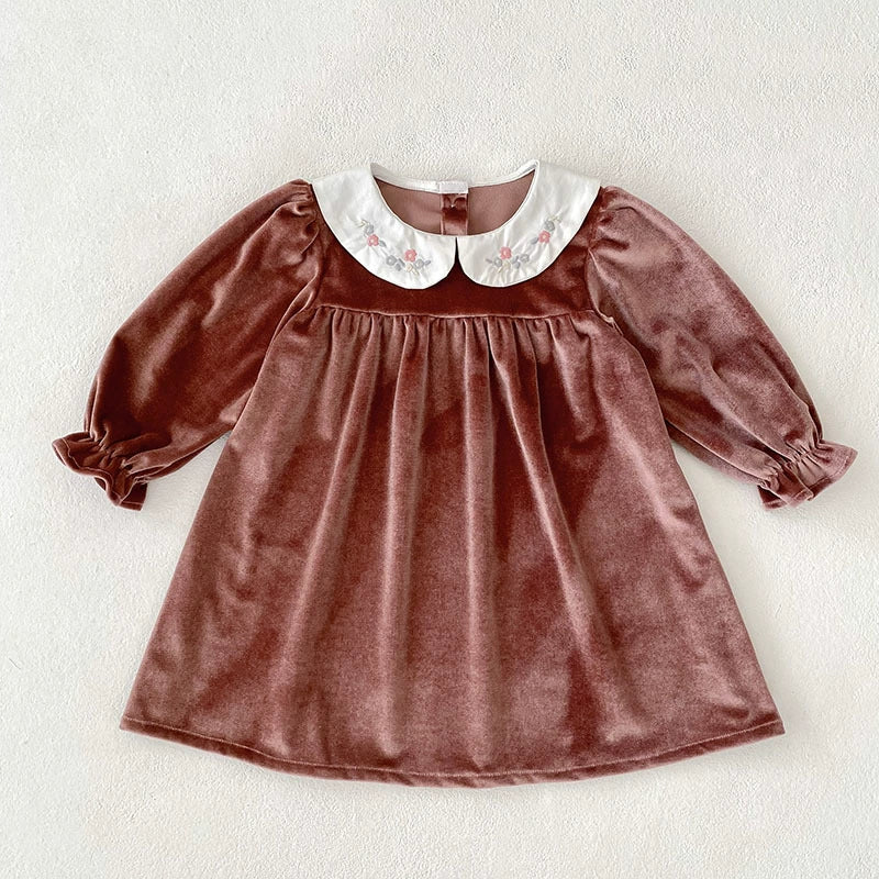 Autumn Baby Kids Girls Long Sleeves Velvet Dress with Embroidery Collar, MyKids-USA®, Baby & Toddler Dresses, MyKids-USA - Size/Age - 90 (12-24M) - Color - Brown -  -  - TR2506282323-A