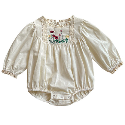 Baby Solid Color Embroidered Pattern Long Sleeve Onesies With Hat
