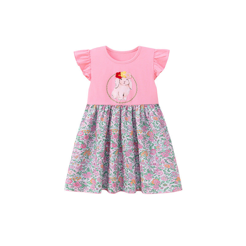 Summer Arrival Animals Cartoon and Flowers Pattern Fly Sleeves Dress for Stylish Girls