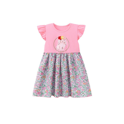 Summer Arrival Animals Cartoon and Flowers Pattern Fly Sleeves Dress for Stylish Girls