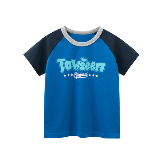 Summer Boys’ Letters Pattern Color Patchwork T-shirt in European and American Style, MyKids-USA®, T-Shirts, MyKids-USA - Size/Age - 90 (12-24M) - Color - Navy Blue (Dark Blue) -  -  - TR2604141737-A.