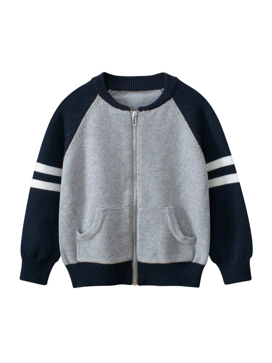 Spring European and American Style Boys’ Outerwear: Striped Long Sleeves Single Breasted Knitted Coat for Children, MyKids-USA®, Baby Activity Tops, MyKids-USA - Size/Age - 90 (12-24M) - Color - Grey -  -  - TR2502192148-A