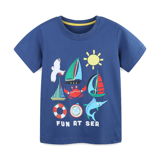 Summer Boys’ Marine Animals Cartoon Pattern T-shirt in European and American Style, MyKids-USA®, Baby & Toddler Tops, MyKids-USA - Size/Age - 90 (12-24M) - Color - Blue -  -  - TR2506051923-A