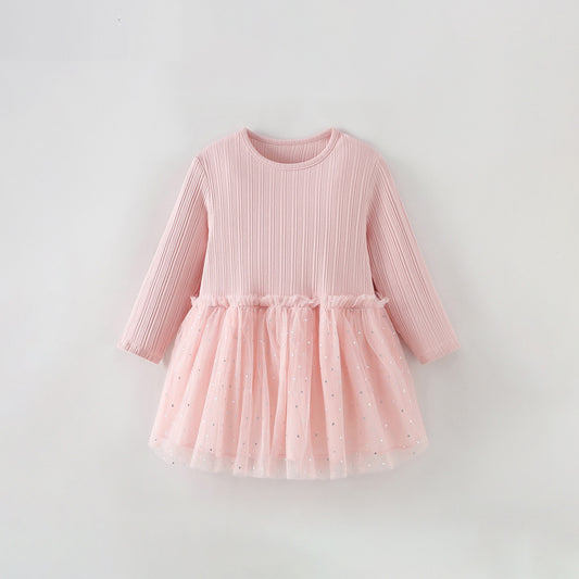 MyKids-USA® Tulle Patchwork Baby Kids Girls Princess Solid Color Long Sleeves Dress