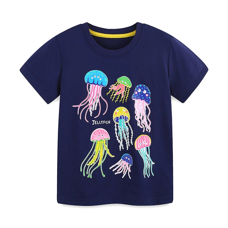 Summer Girls’ Cartoon Jellyfish Pattern T-shirt in European and American Style, MyKids-USA®, Baby & Toddler Tops, MyKids-USA - Size/Age - 90 (12-24M) - Color - Navy Blue (Dark Blue) -  -  - TR2505291048-A
