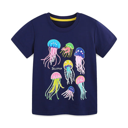 Summer Girls’ Cartoon Jellyfish Pattern T-shirt in European and American Style, MyKids-USA®, Baby & Toddler Tops, MyKids-USA - Size/Age - 90 (12-24M) - Color - Navy Blue (Dark Blue) -  -  - TR2505291048-A