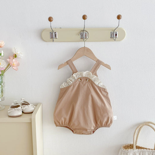 Summer Arrival Baby Girls Lace Decorated Sleeveless Khaki Strap Onesies, MyKids-USA®, Baby One-Pieces, MyKids-USA - Size/Age - 66 (3-6M) - Color - Khaki -  -  - TR2506252127-A