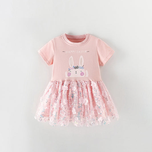 Summer Baby Kids Girls Short Sleeves Cartoon and Flowers Pattern Dress