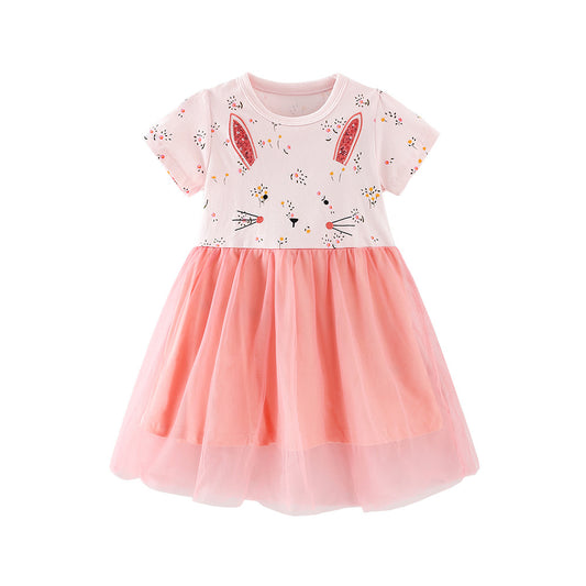 Summer Arrival Cartoon and Flowers Pattern Short Sleeves Crew Neck Dress for Stylish Girls, MyKids-USA®, Baby & Children's Dresses, MyKids-USA - Size/Age - 90 (12-24M) - Color - Pink -  -  - TR2604052309-A.