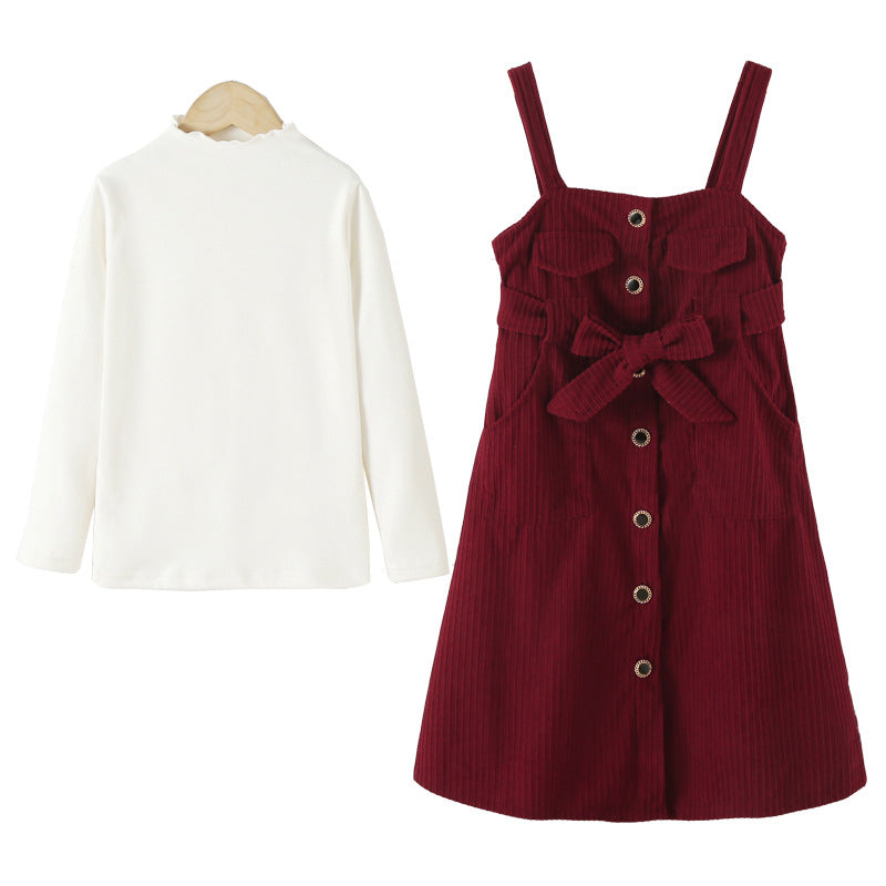 Arrival Autumn and Winter Kids Girls Long Sleeves Plain Top and Corduroy Overalls Dress Sets