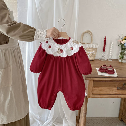 Autumn Hot Selling Baby Girls Long Sleeves Red Rabbit and Strawberry Pattern Rompers, MyKids-USA®, Baby One-Pieces, MyKids-USA - Size/Age - 66 (3-6M) - Color - Red -  -  - TR2507302211-A