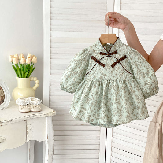 Arrival Baby Girls Long Sleeves Floral Print Stand Collar Bodysuits Onesies Dress, MyKids-USA®, Baby One-Pieces, MyKids-USA - Size/Age - 66 (3-6M) - Color - Green -  -  - TR2410111601-A