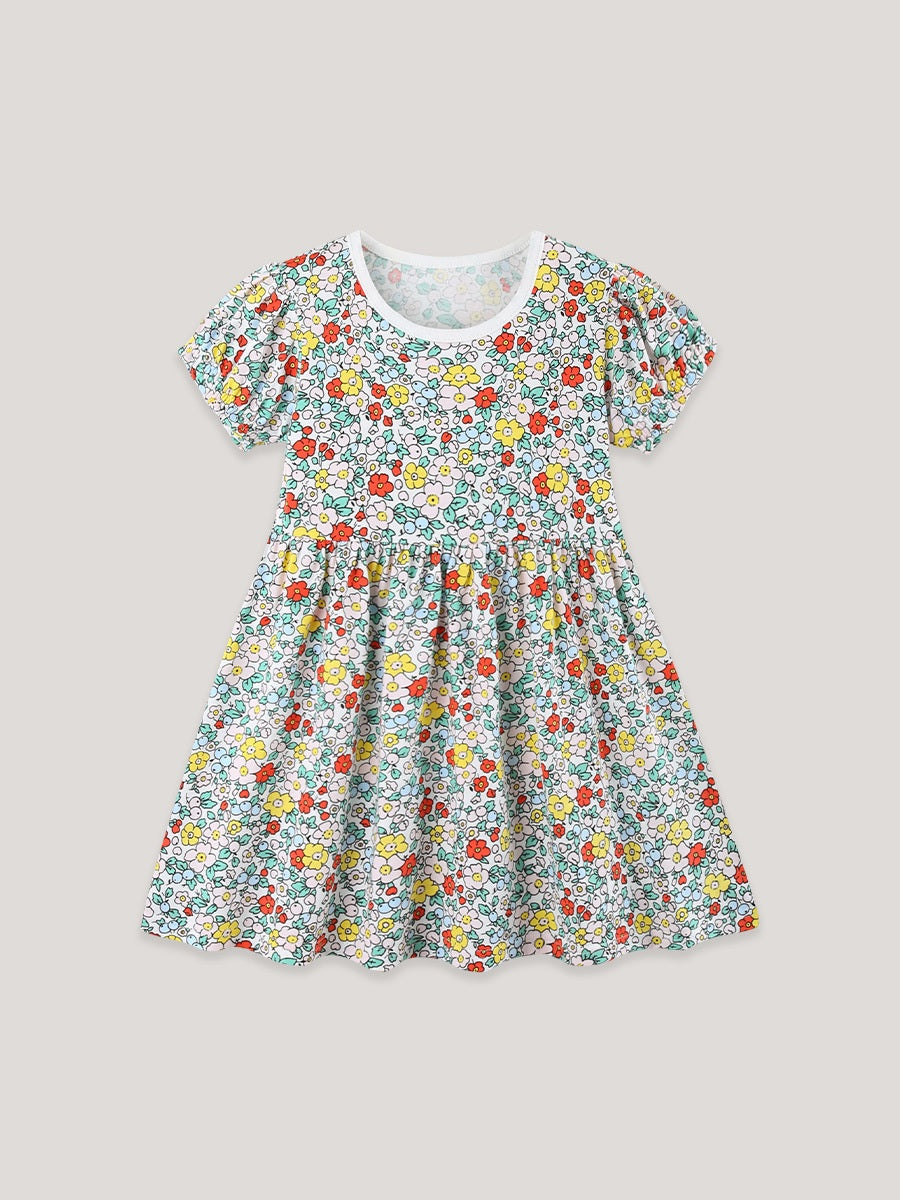 Summer Hot Selling Cute Floral Pattern Short Sleeves Dress for Stylish Girls