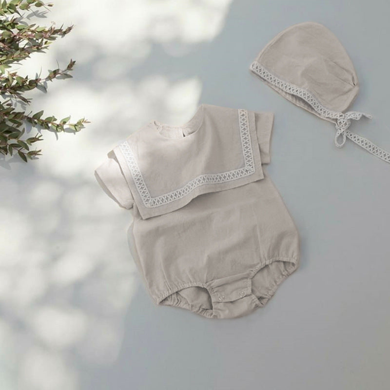 Design Summer Baby Kids Short Sleeves Color Patchwork Bodysuit with Hat