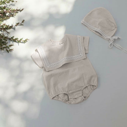 Design Summer Baby Kids Short Sleeves Color Patchwork Bodysuit with Hat