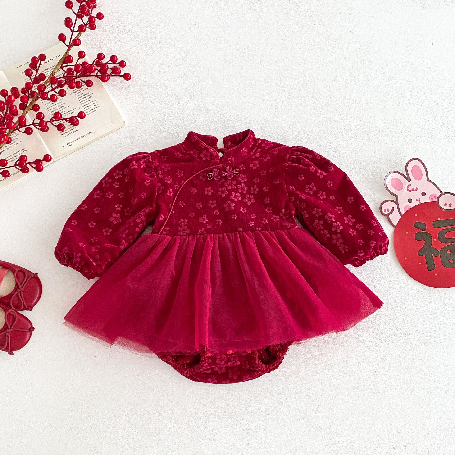Winter Arrival Baby Girls Cute Floral Embroidered Red Long Sleeves Tulle Onesies, MyKids-USA®, Baby One-Pieces, MyKids-USA - Size/Age - 66 (3-6M) - Color - Red -  -  - TR2412281608-A