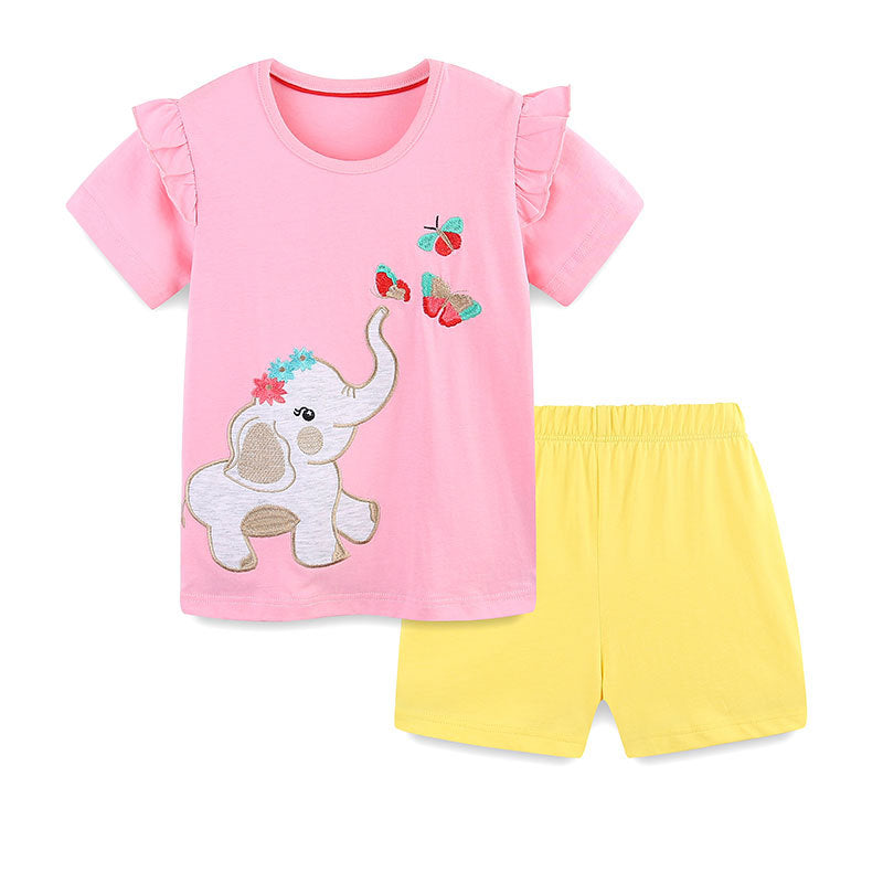 Summer Baby Kids Cute Elephant Pattern T-shirt and Shorts Clothing Set for Girls, MyKids-USA®, Baby & Toddler Outfits, MyKids-USA - Size/Age - 90 (12-24M) - Color - Yellow -  -  - TR2506082159-A