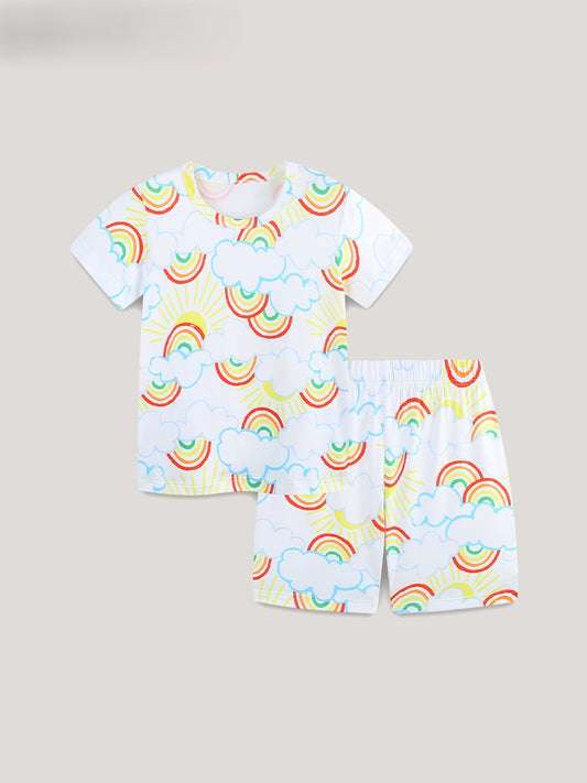 Arrival Summer Baby Kids Girls Short Sleeves Rainbow Pattern T-shirt and Shorts Clothing Set