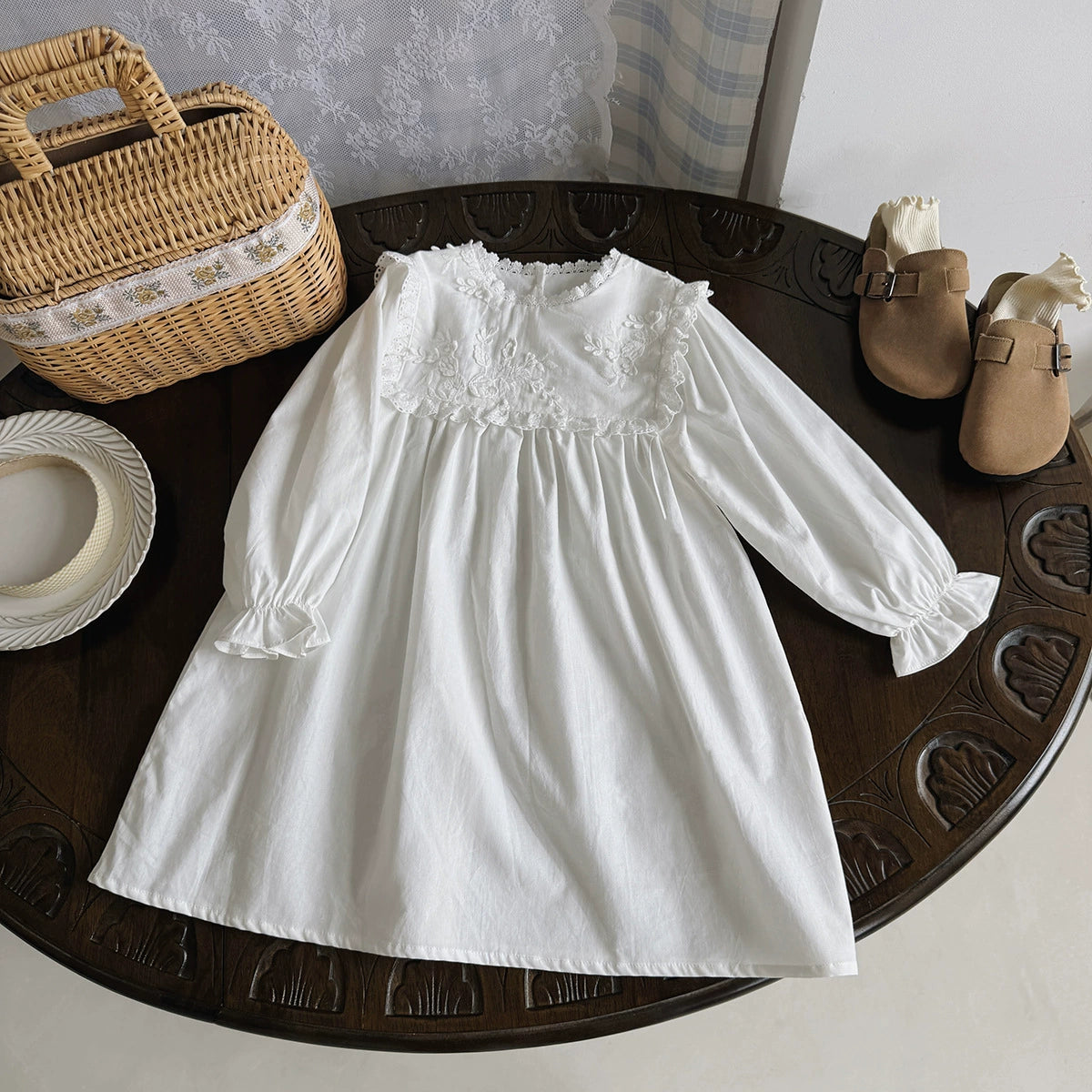 Arrival Autumn Girls Solid Color Flowers Embroidery Pattern Long Sleeves Ruffle Neck Dress, MyKids-USA®, Baby & Toddler Dresses, MyKids-USA - Size/Age - 90 (12-24M) - Color - White -  -  - TR2507302302-A