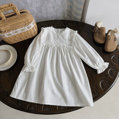 Arrival Autumn Girls Solid Color Flowers Embroidery Pattern Long Sleeves Ruffle Neck Dress, MyKids-USA®, Baby & Toddler Dresses, MyKids-USA - Size/Age - 90 (12-24M) - Color - White -  -  - TR2507302302-A