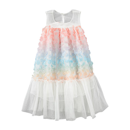 Baby Girl Colorful Flower Patched Design Sleeveless Mesh Dress