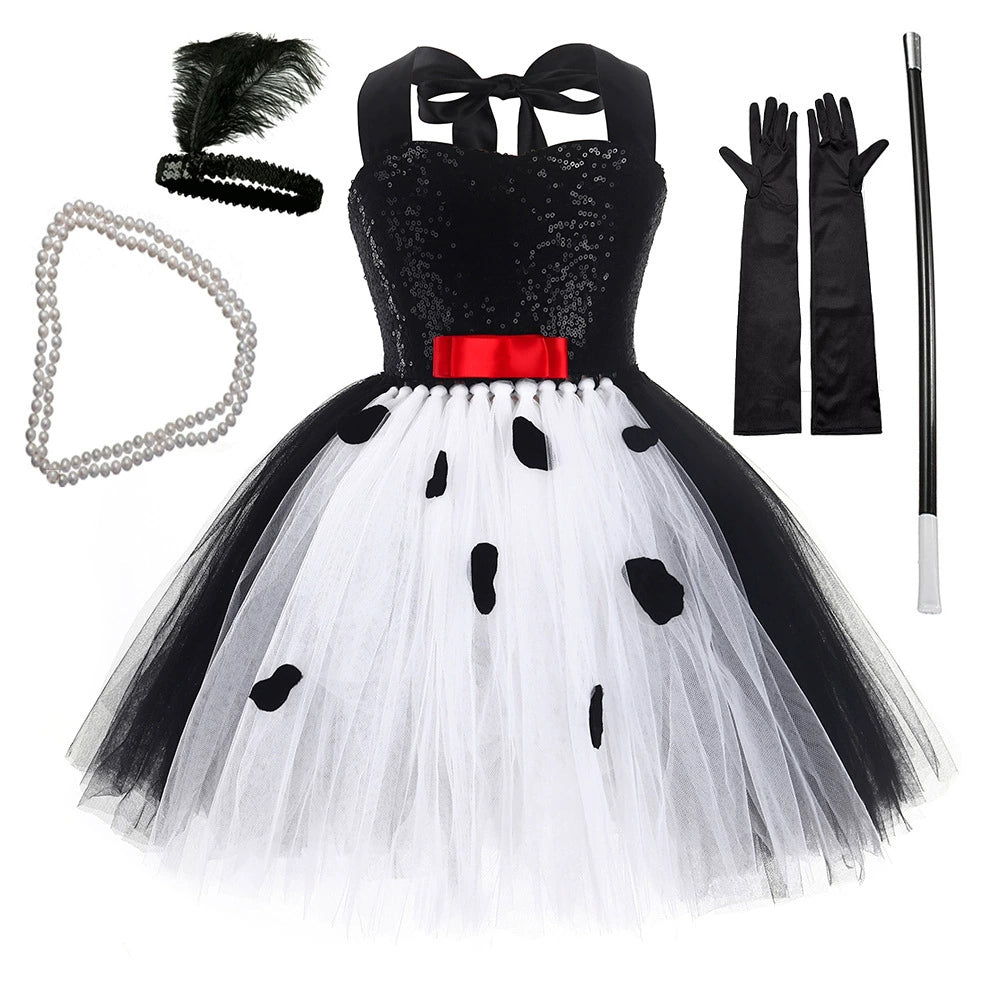 Arrival Girls’ Cruella-Inspired Halloween Costume – Black and White Devil Witch Tutu Dress Set for Cosplay, MyKids-USA®, Costume Sets, MyKids-USA - Size/Age - S (1-2Y) - Color - Black -  -  - TR2508192207-A.