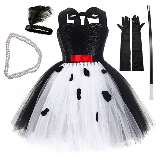 Arrival Girls’ Cruella-Inspired Halloween Costume – Black and White Devil Witch Tutu Dress Set for Cosplay, MyKids-USA®, Costume Sets, MyKids-USA - Size/Age - S (1-2Y) - Color - Black -  -  - TR2508192207-A.
