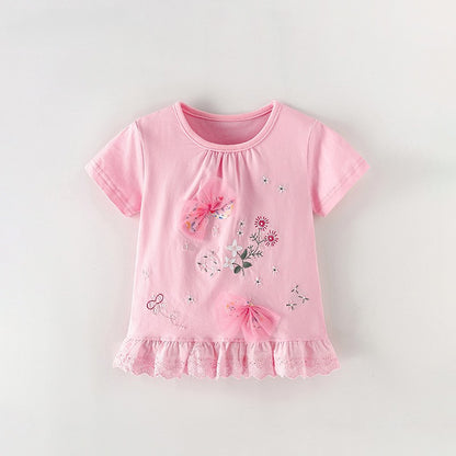 Summer Girls’ Flowers Pattern T-shirt in European and American Style, MyKids-USA®, T-Shirts, MyKids-USA - Size/Age - 100 (2-3Y) - Color - Pink -  -  - TR2605212316-A.