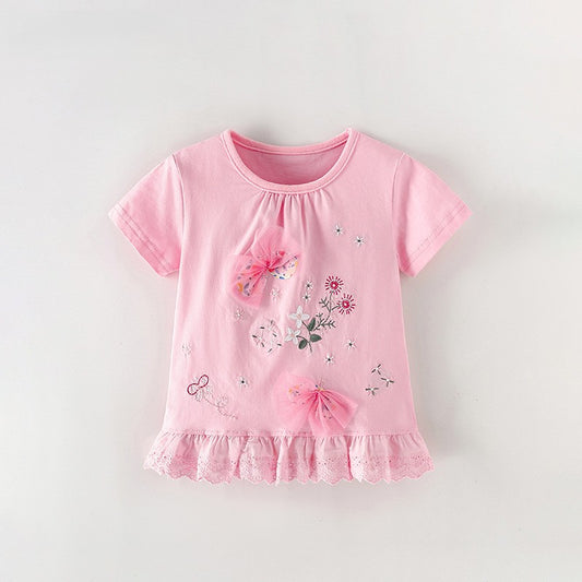 Summer Girls’ Flowers Pattern T-shirt in European and American Style