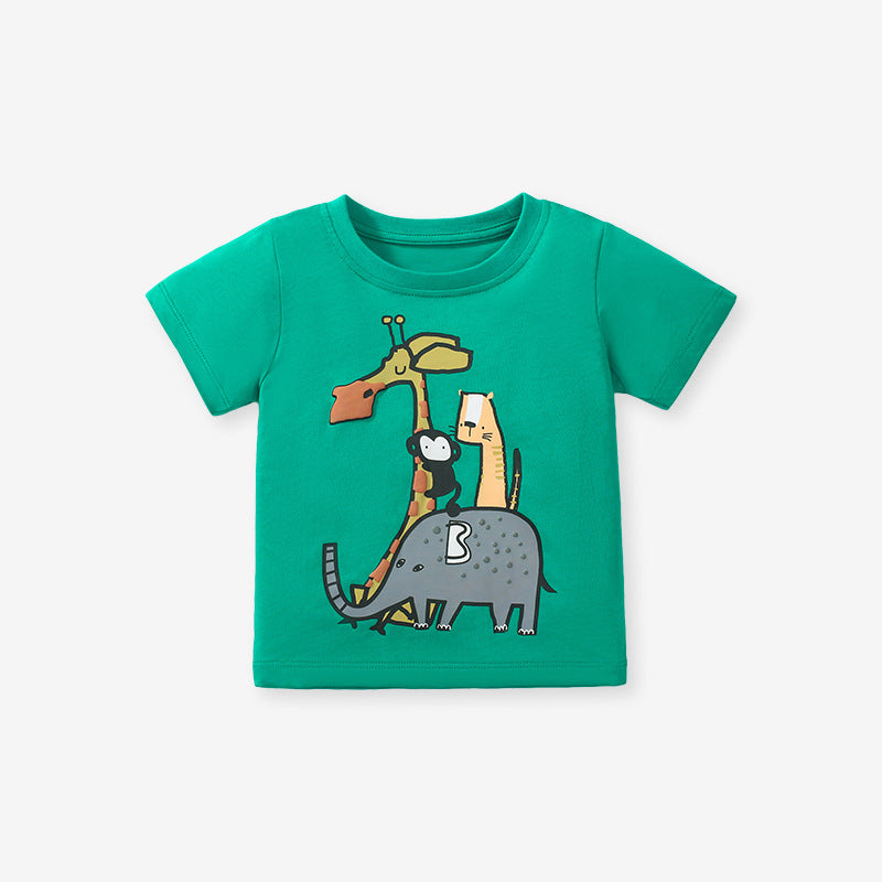 Kids Crew Neck Animals Family Cartoon Pattern T-Shirt In European And American Style For Summer