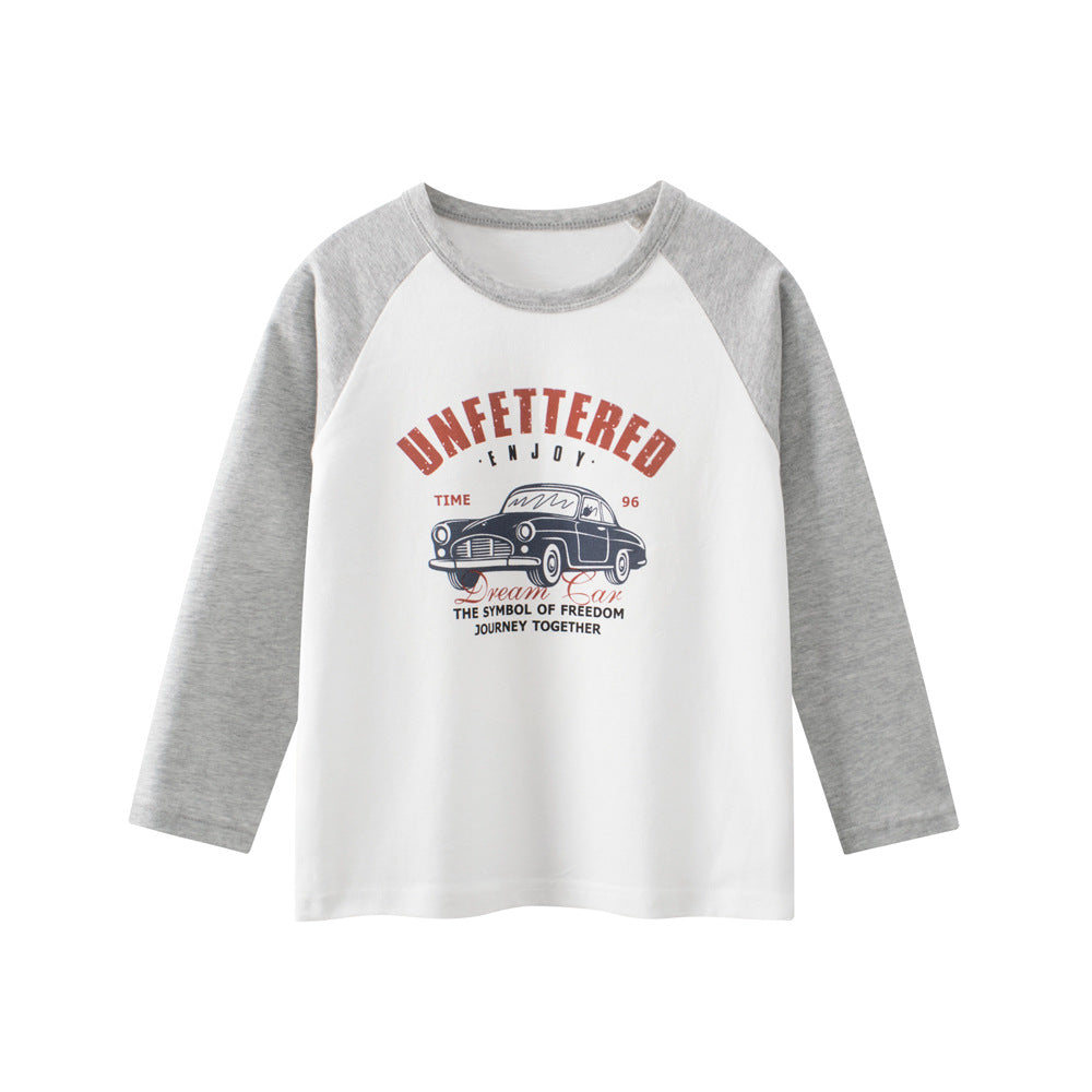 Spring Baby Kids Boys Cars Cartoon Print Long Sleeves Crew Neck Color Patchwork Top, MyKids-USA®, Shirts, MyKids-USA - Size/Age - 90 (12-24M) - Color - Grey -  -  - TR2603282218-A.