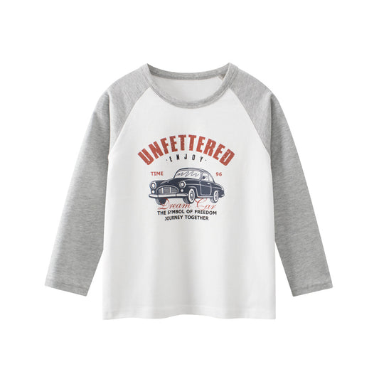 Spring Baby Kids Boys Cars Cartoon Print Long Sleeves Crew Neck Color Patchwork Top